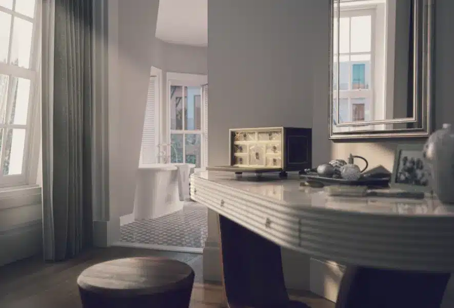 Luxurious bathroom with a freestanding bathtub, glass shower, and floor-to-ceiling windows