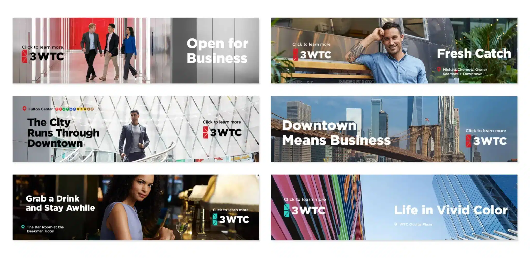 A collection of 3WTC advertisements showcasing business, dining, and city life in downtown Manhattan