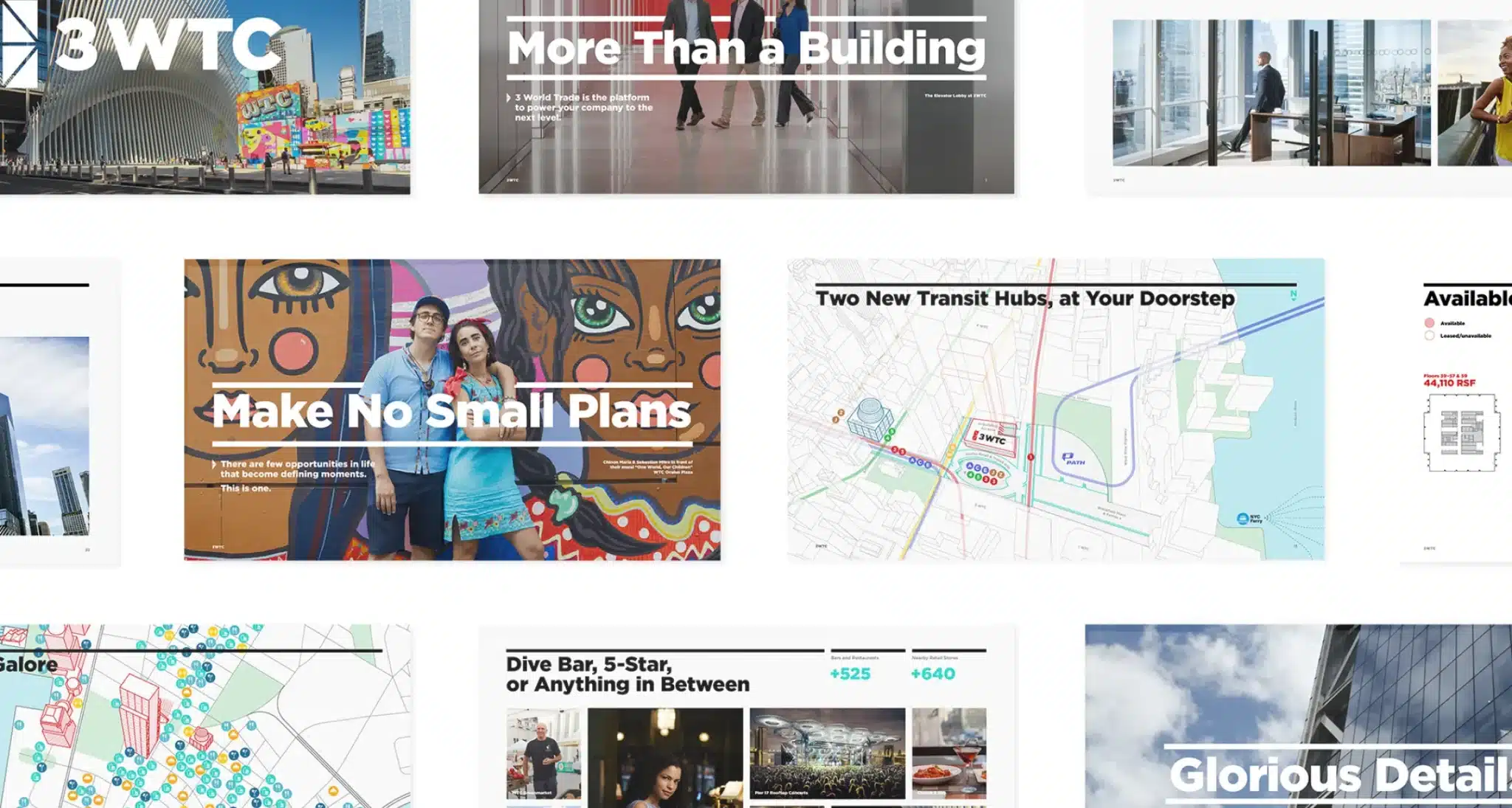 Marketing materials for 3WTC, showcasing downtown infrastructure, business spaces, and transit hubs