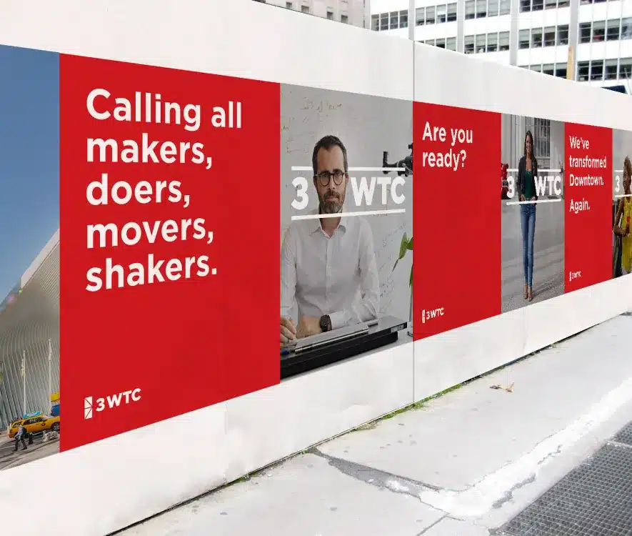 A bold red advertisement for 3WTC with text calling on entrepreneurs and city professionals