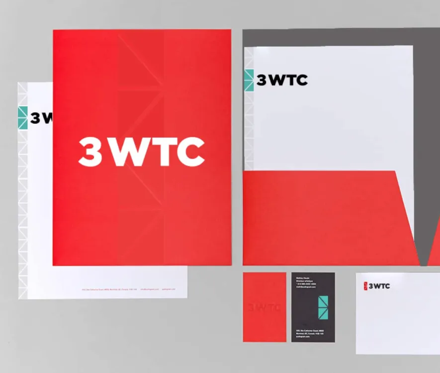 Modern 3WTC branding materials, including red and white corporate folders and business stationery