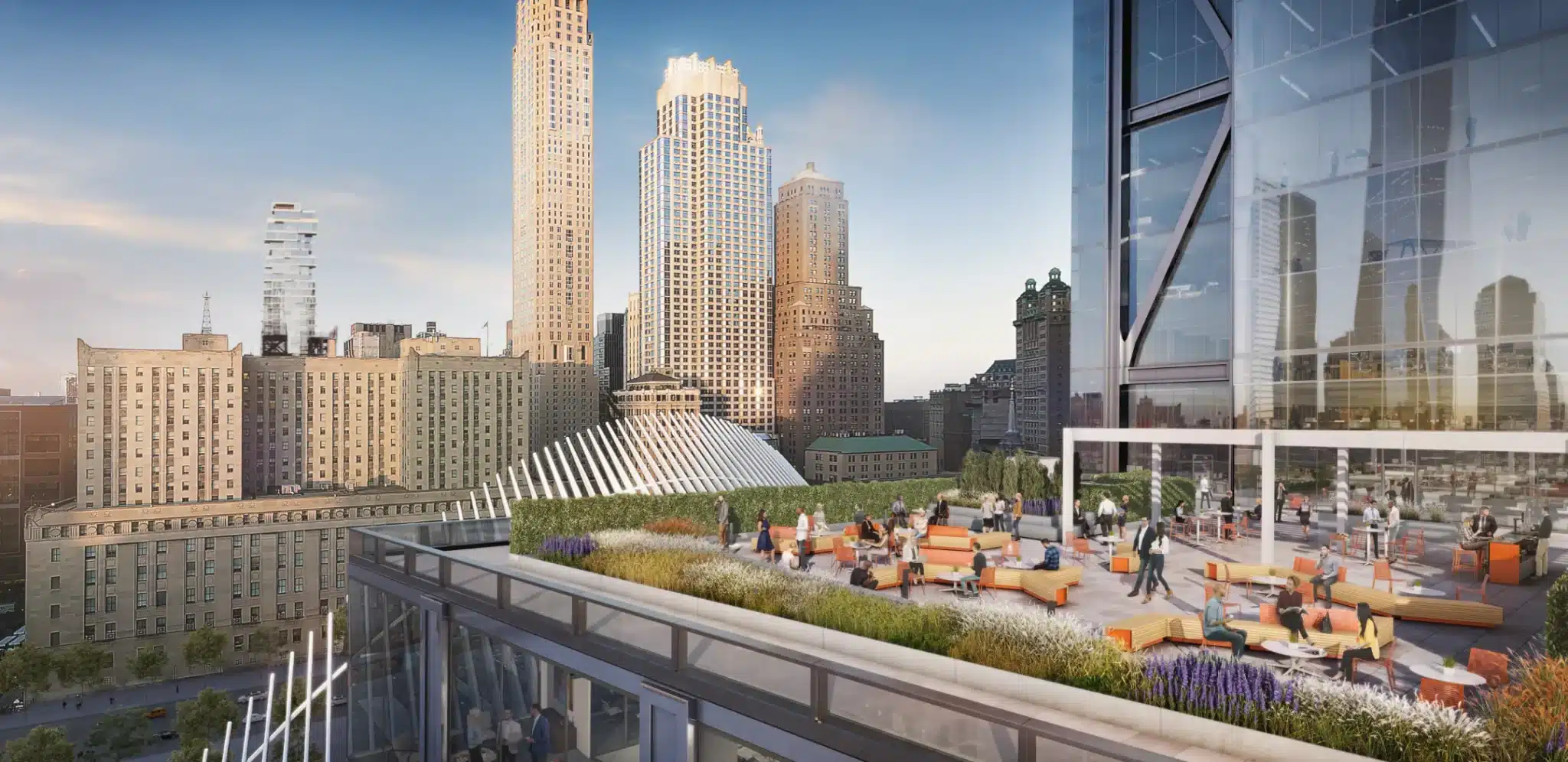 People relaxing on a landscaped rooftop terrace with breathtaking views of downtown Manhattan