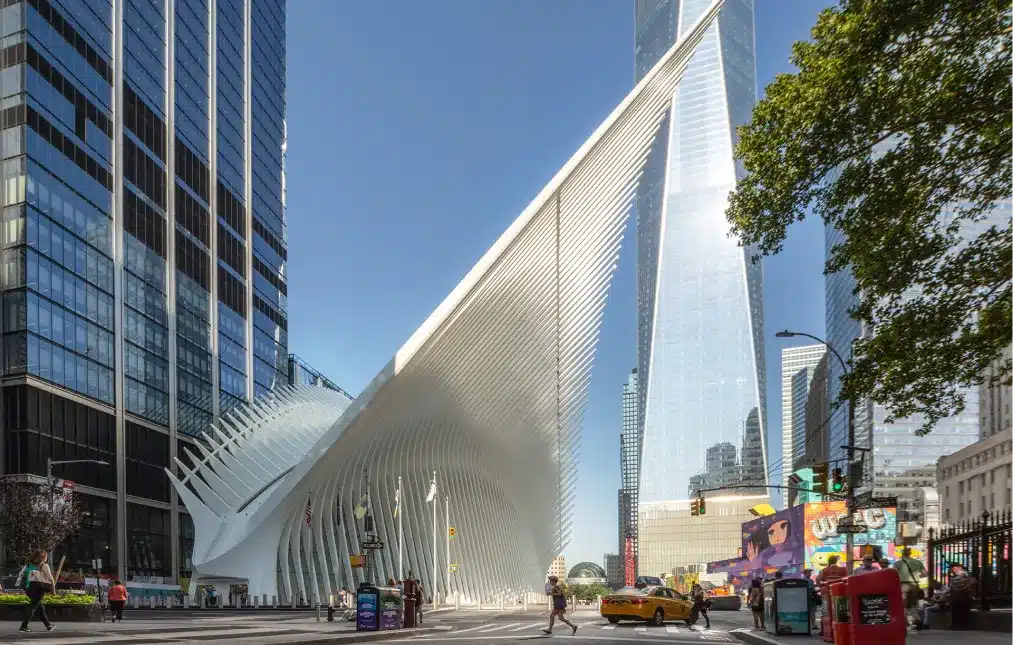 The Oculus transportation hub with its sleek white architectural design in downtown Manhattan