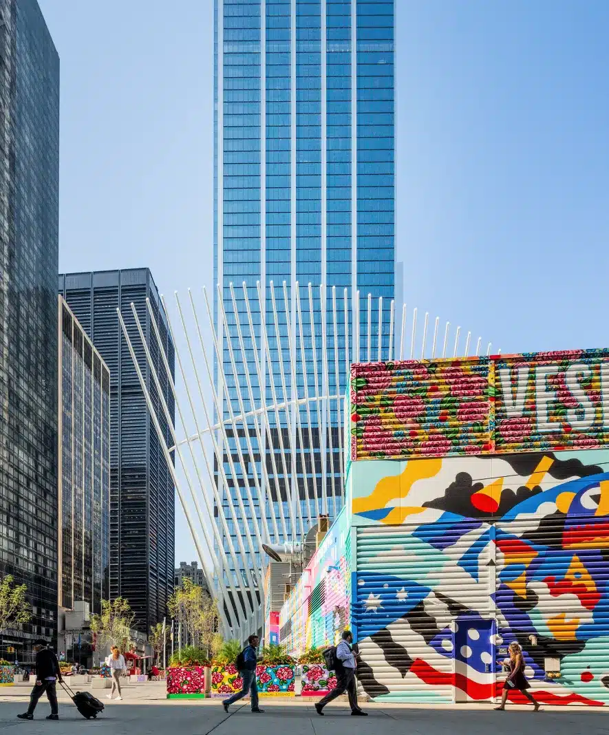 Colorful urban artwork brightens up the modern cityscape near the Oculus in NYC