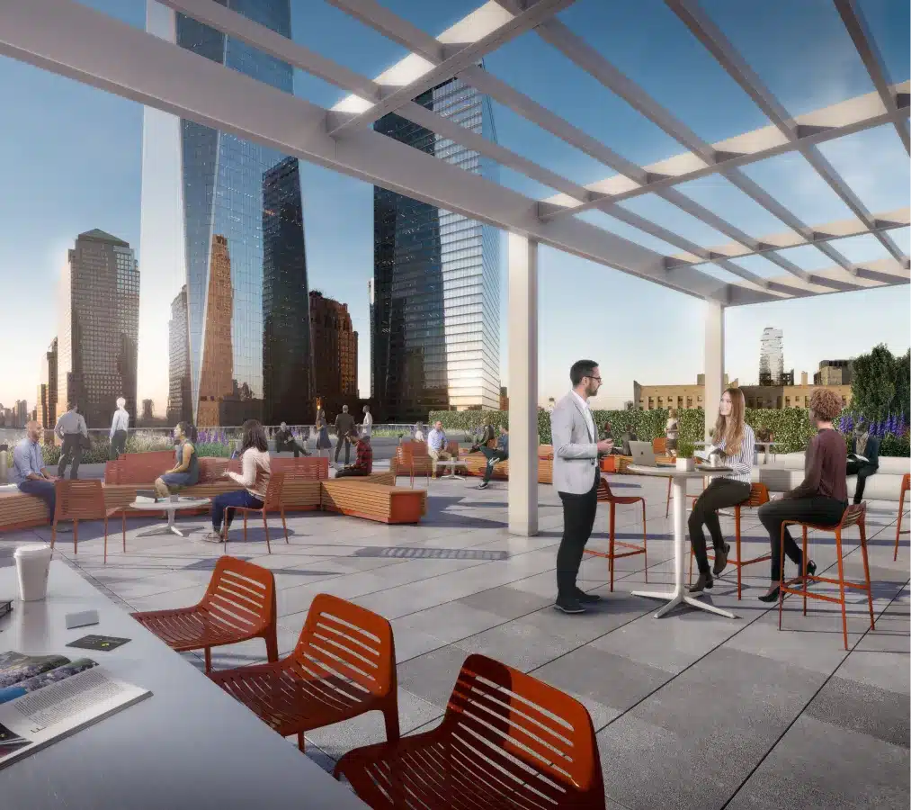 Business professionals networking on a modern rooftop terrace with city skyscrapers in the background