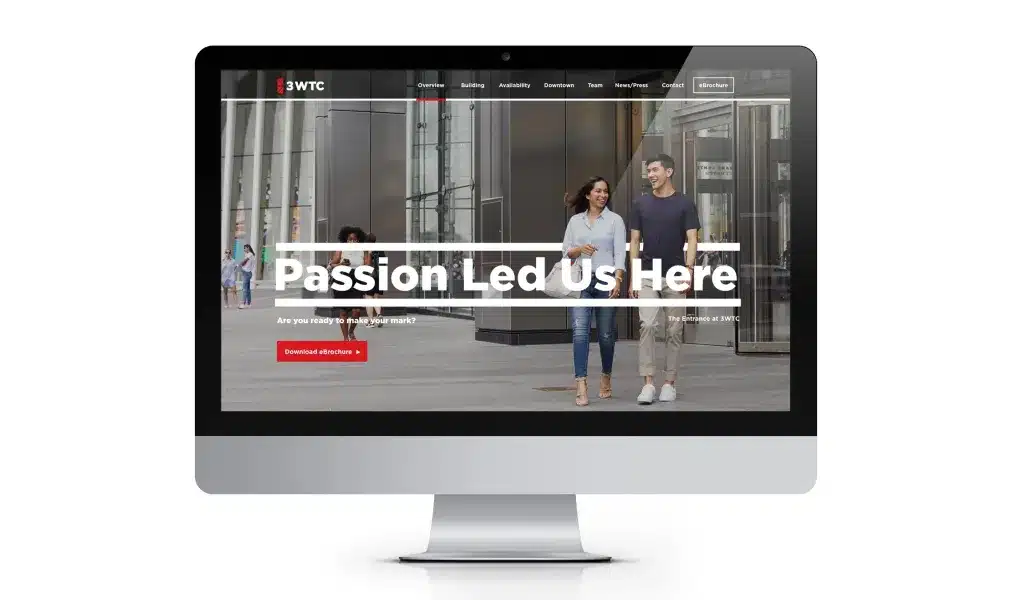 iMac screen displaying the 3 World Trade Center website homepage with a welcoming message