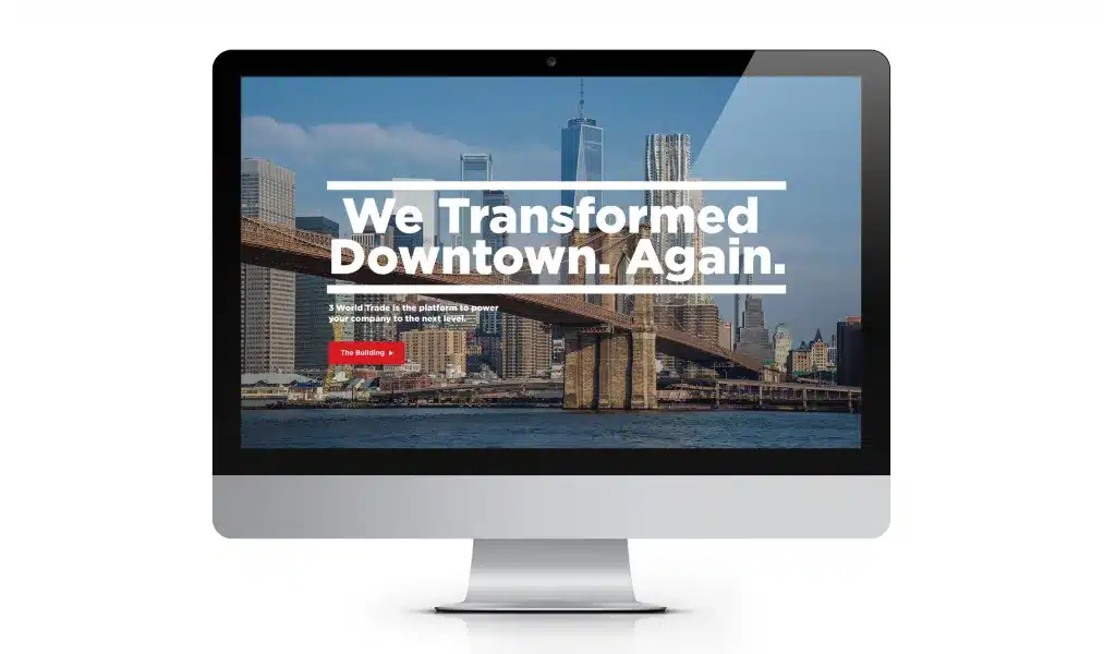 Website mockup displaying the Brooklyn Bridge and Manhattan skyline for 3WTC’s marketing campaign