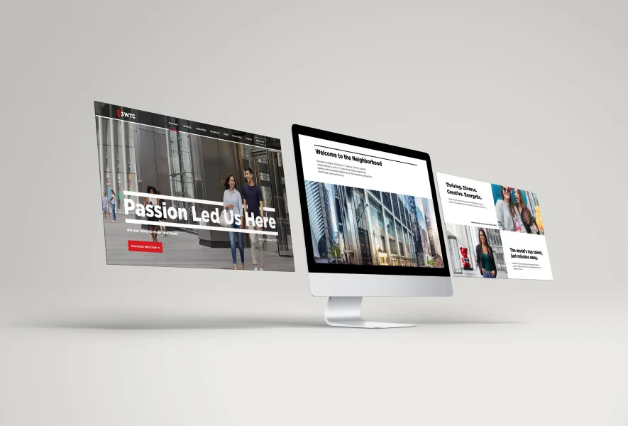 Three iMac screens displaying different pages of the 3 World Trade Center website in a sleek layout