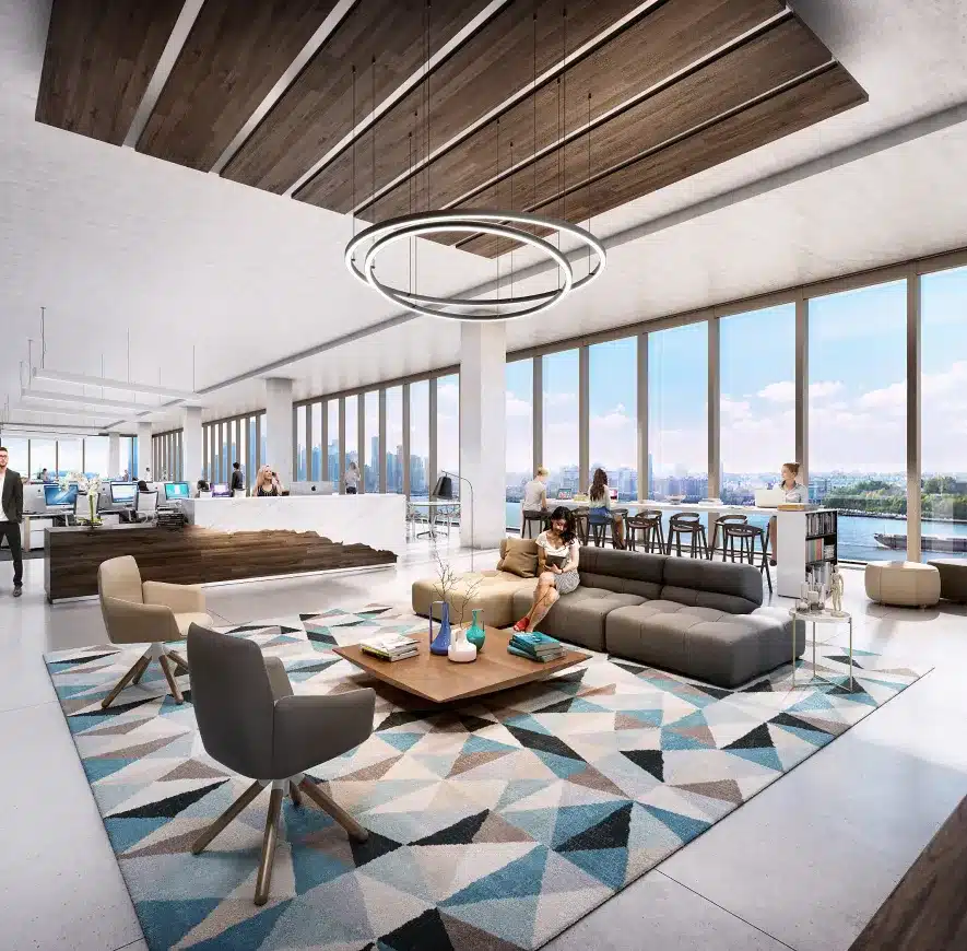 Contemporary workspace with minimalist design, wood ceiling panels, and floor-to-ceiling windows