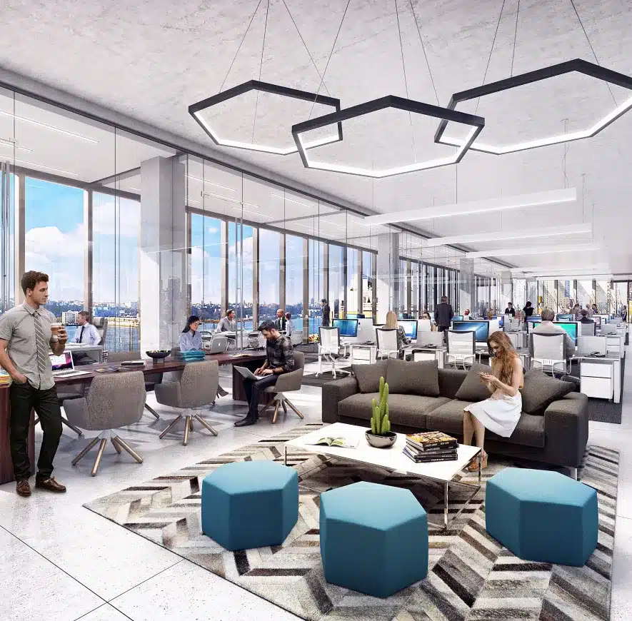 Coworking lounge with stylish decor, pendant lighting, and professionals working in a collaborative space