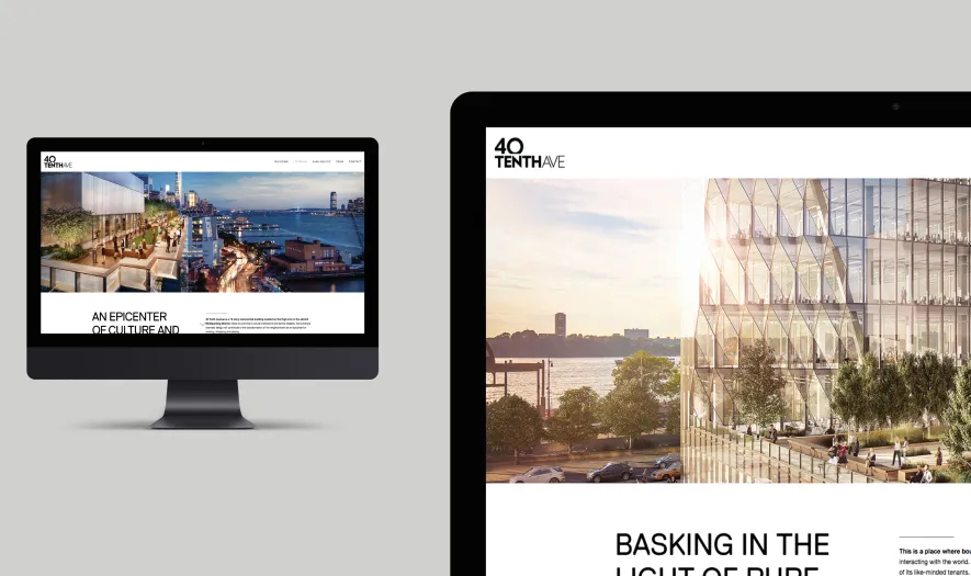 Real estate website on a computer and tablet screen featuring modern office architecture
