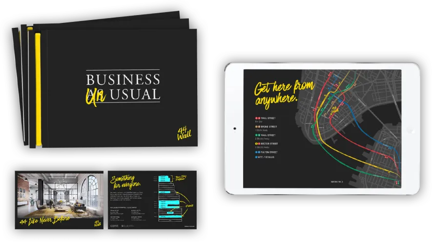 Business branding package for 44 Wall, incorporating bold typography and strategic design elements