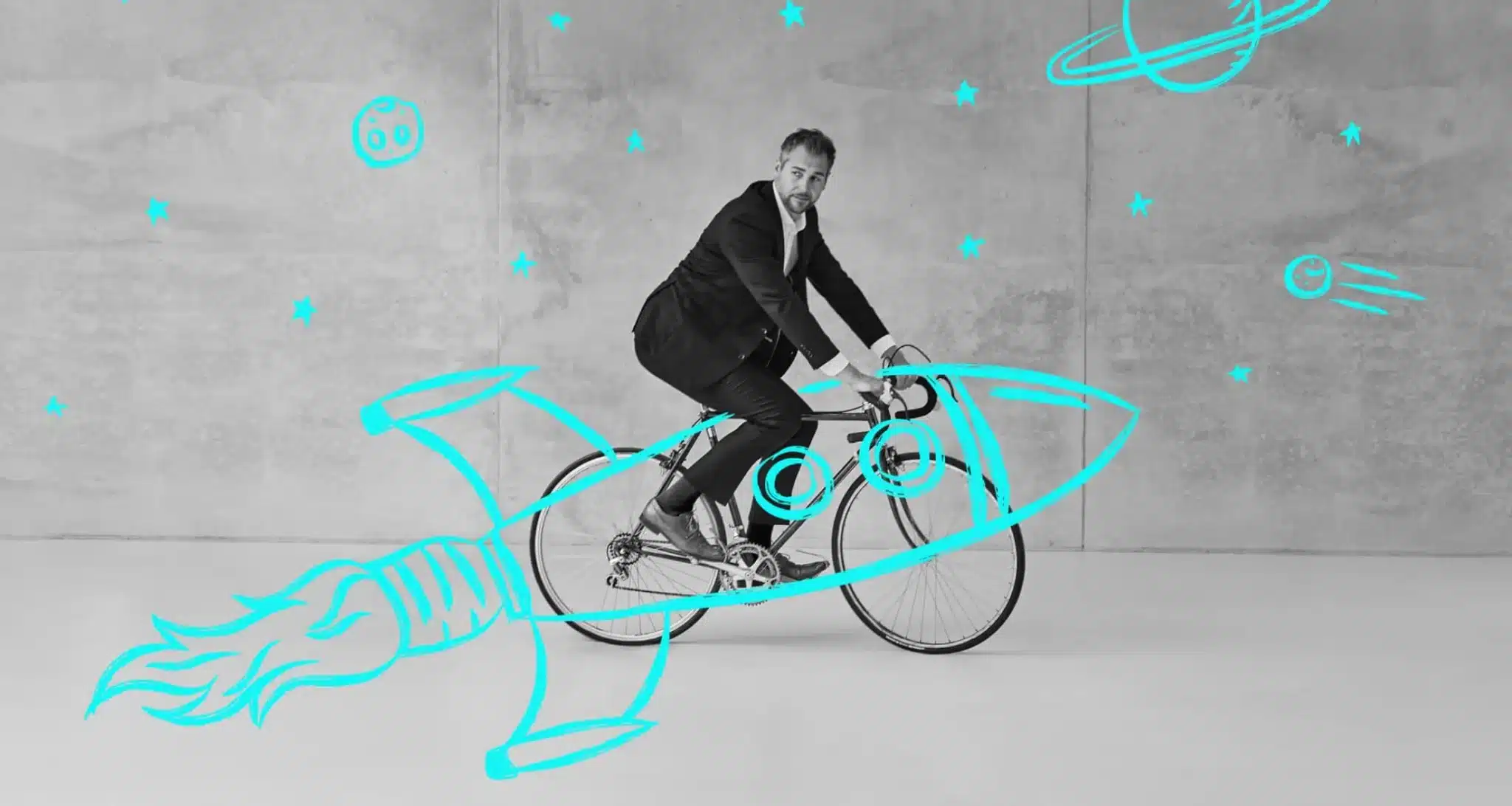 A businessman in a suit riding a bicycle with a whimsical neon blue rocket illustration overlay