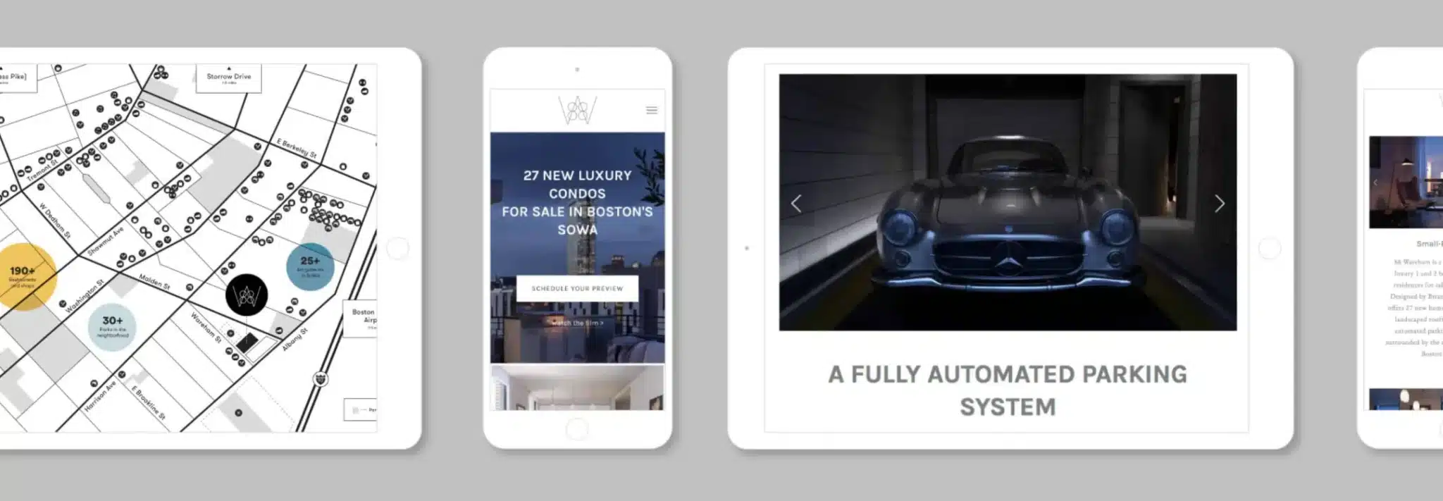 Tablet screens showcasing interactive property listings and automated parking system features