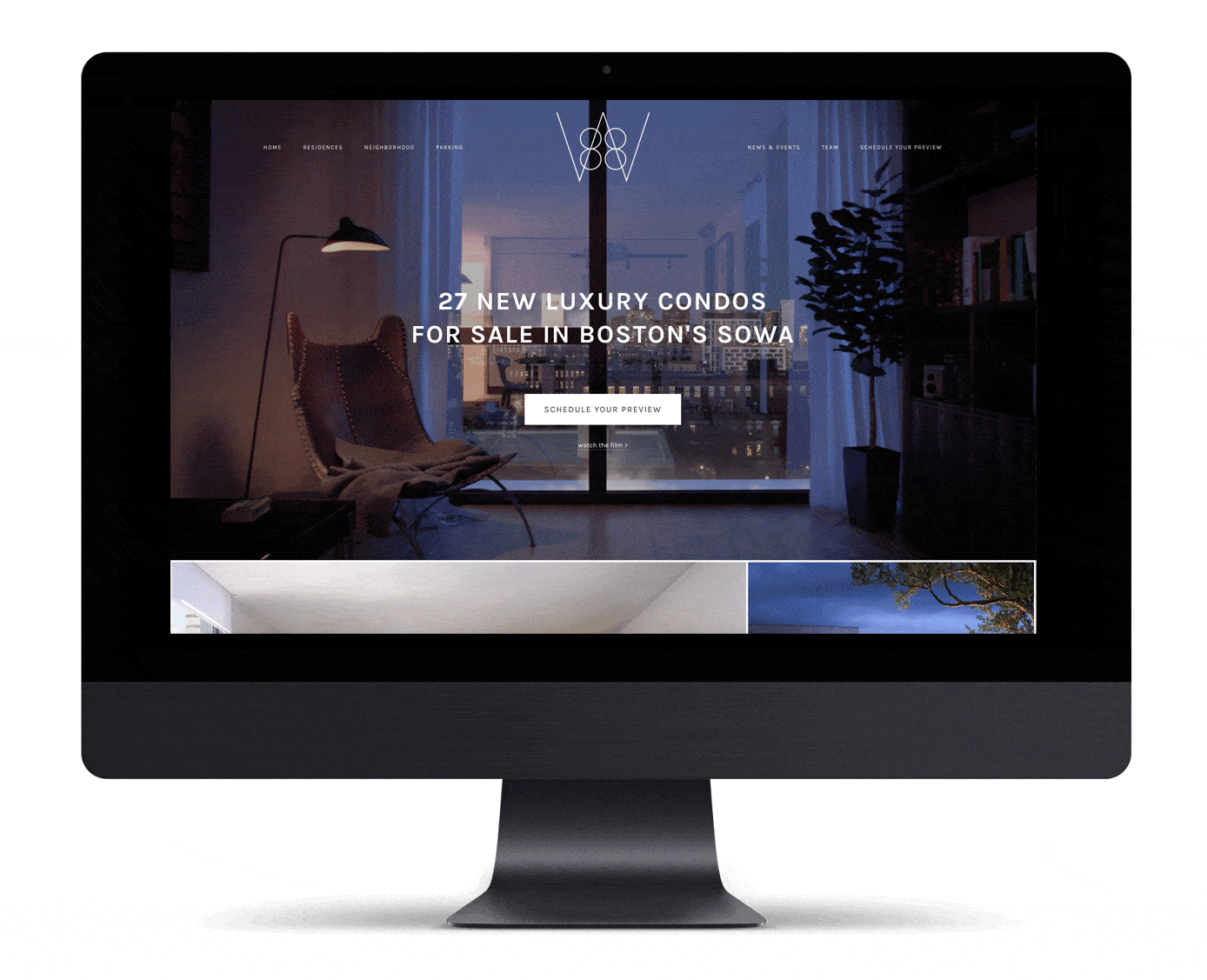 Animated website interface showcasing luxury condos in Boston with a sleek and modern design