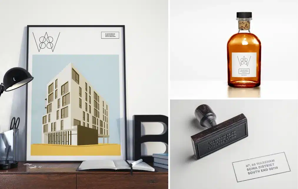 Stylish branding materials for 88 Wareham, including a framed illustration and whiskey bottle