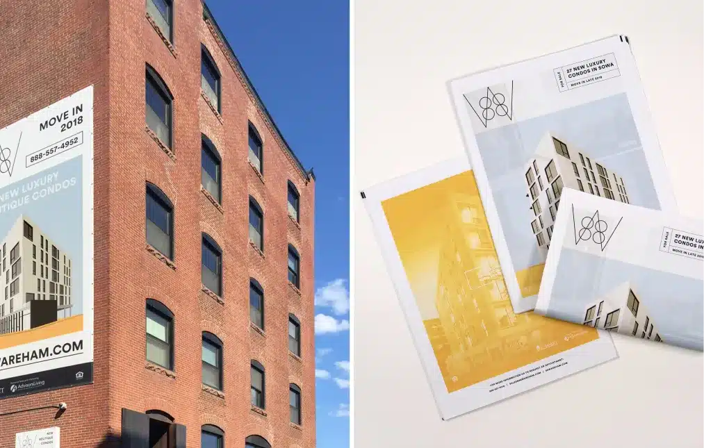 Luxury real estate branding materials, including promotional booklets and a large building banner