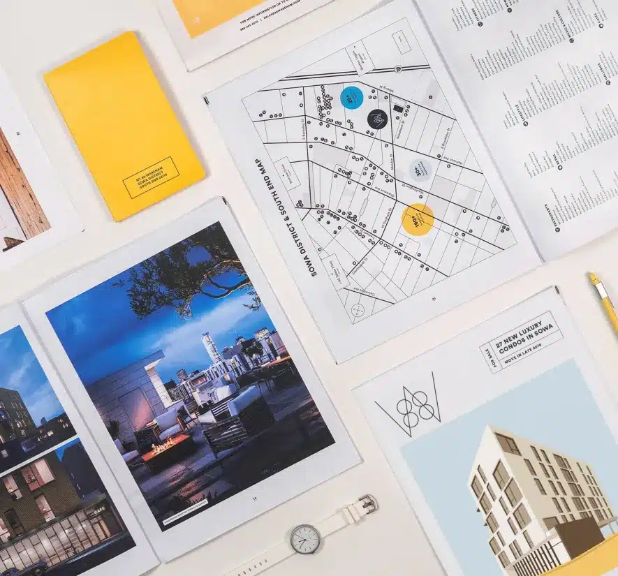 Marketing collateral for 88 Wareham, including architectural photography and district maps