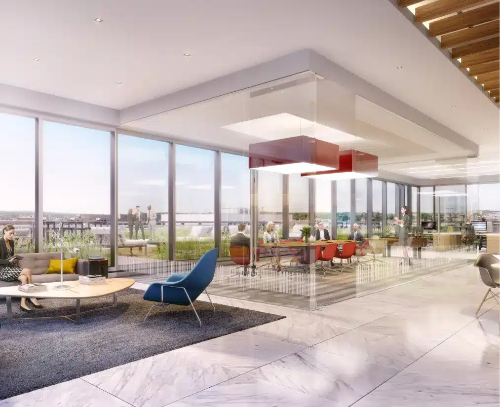 Corporate lounge at Alexander Court with glass partitions, modern seating, and natural light