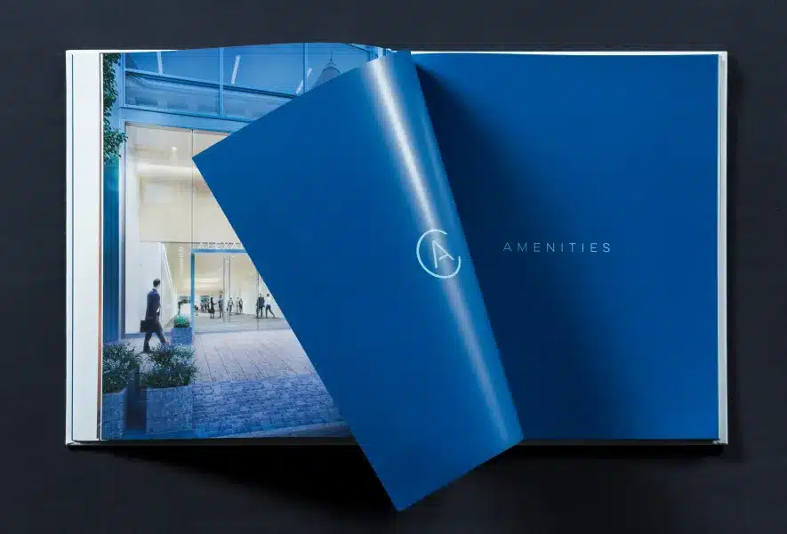 Alexander Court marketing book showcasing premium office amenities and corporate spaces