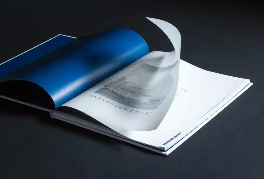 High-end marketing book featuring Alexander Court’s modern design and premium office spaces
