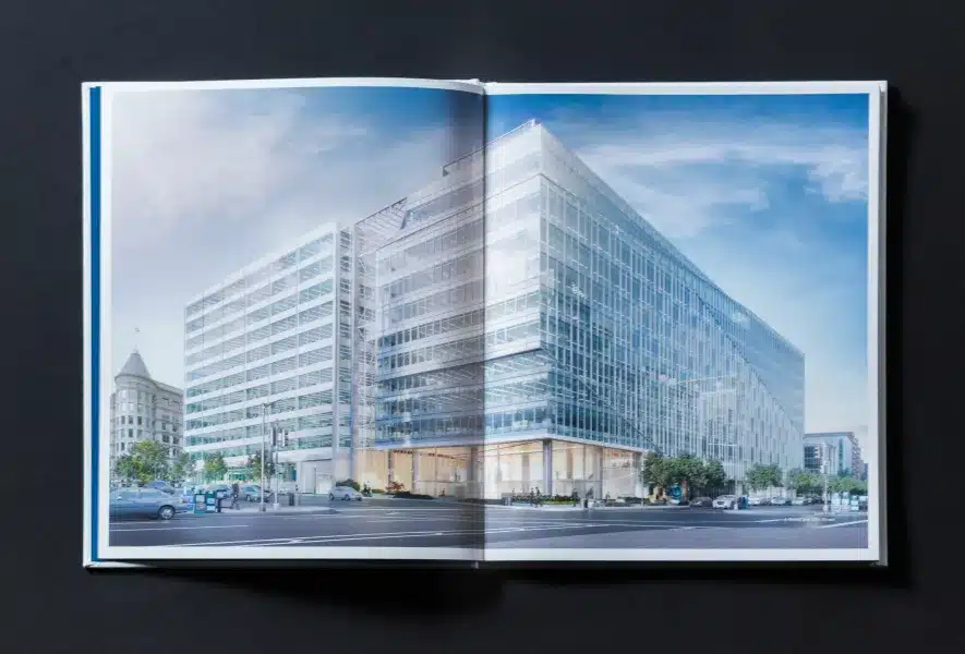Open brochure spread showcasing Alexander Court’s stunning modern office building