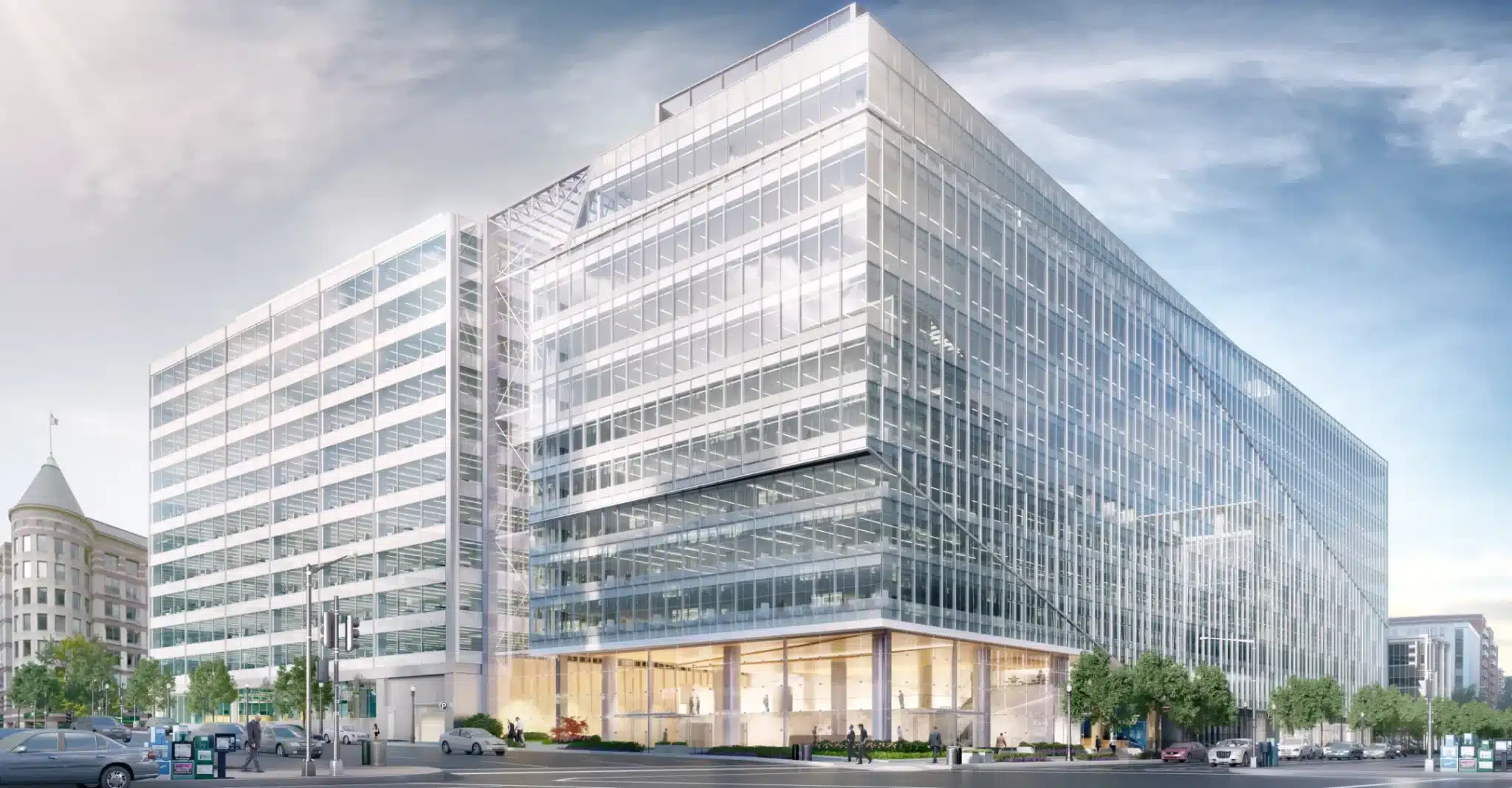 Alexander Court's modern glass office building with illuminated entrance and sleek architectural design