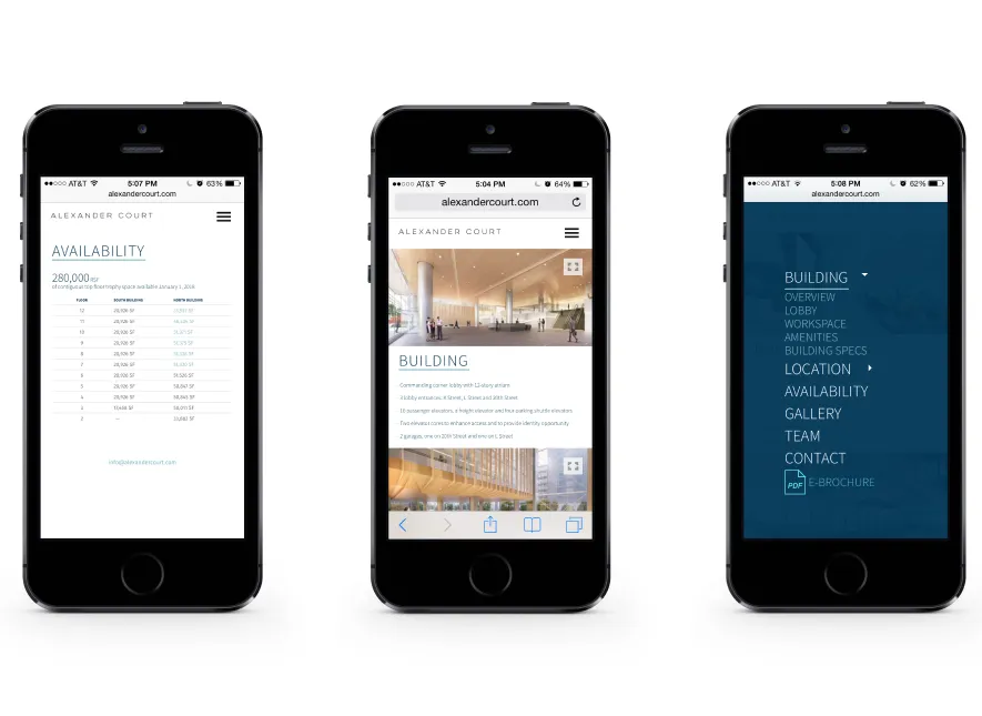 Three mobile screens displaying the Alexander Court website's availability, building details, and navigation menu