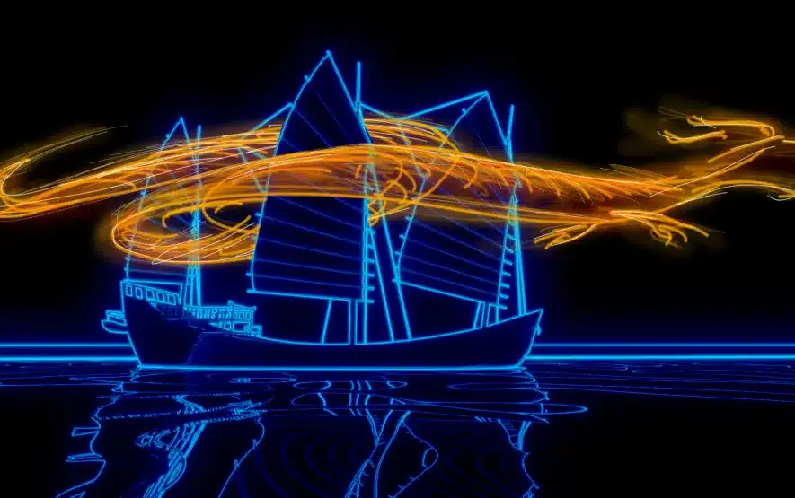 Neon-style digital artwork of a traditional Chinese junk ship with a glowing dragon