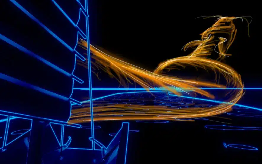 Close-up neon art of a junk ship with a golden dragon twisting over digital waters