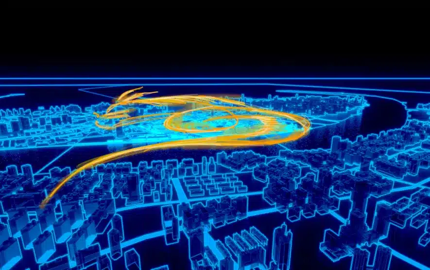 A glowing digital dragon flies over a futuristic blue neon cityscape at night