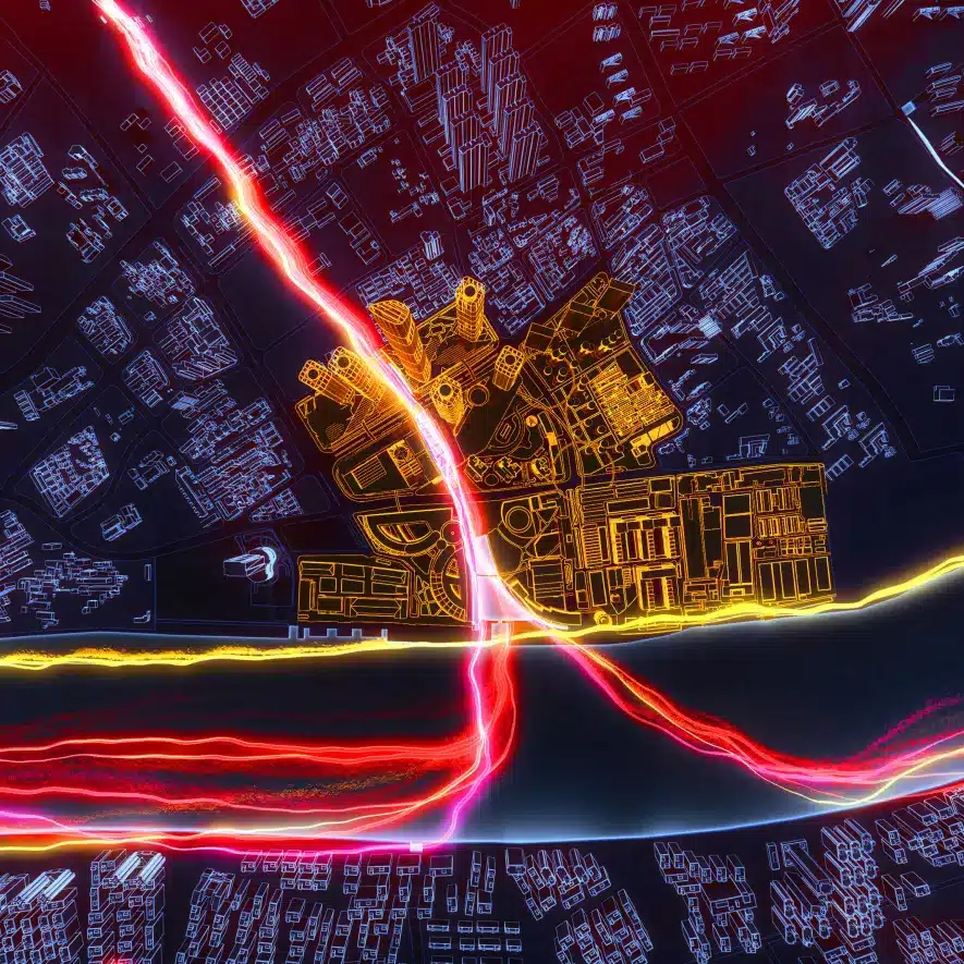High-tech city simulation with glowing red and yellow energy lines across the landscape