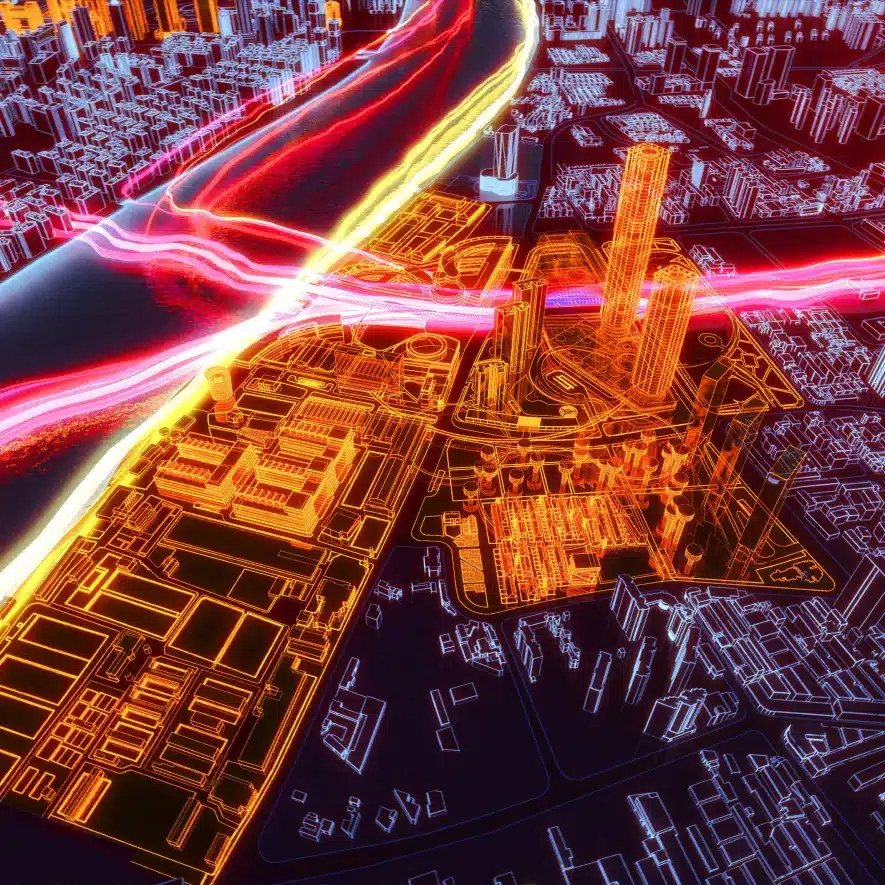 Sci-fi cityscape featuring glowing pathways and data-inspired structures