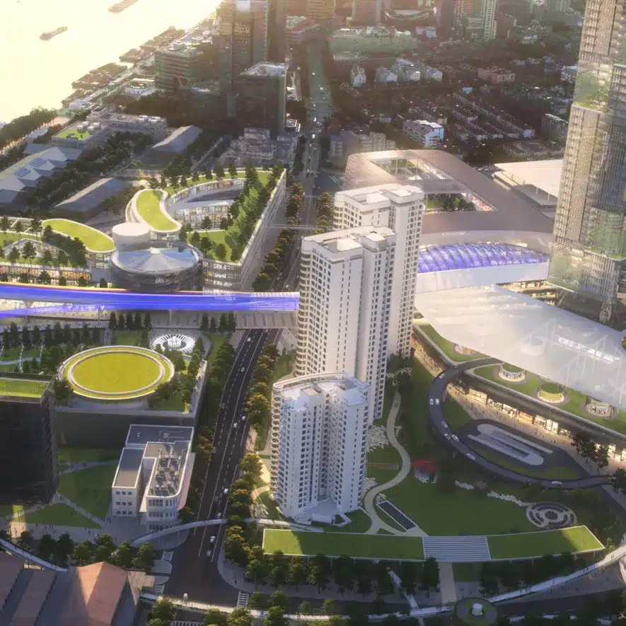 Photorealistic futuristic urban development with lush green spaces and modern architecture