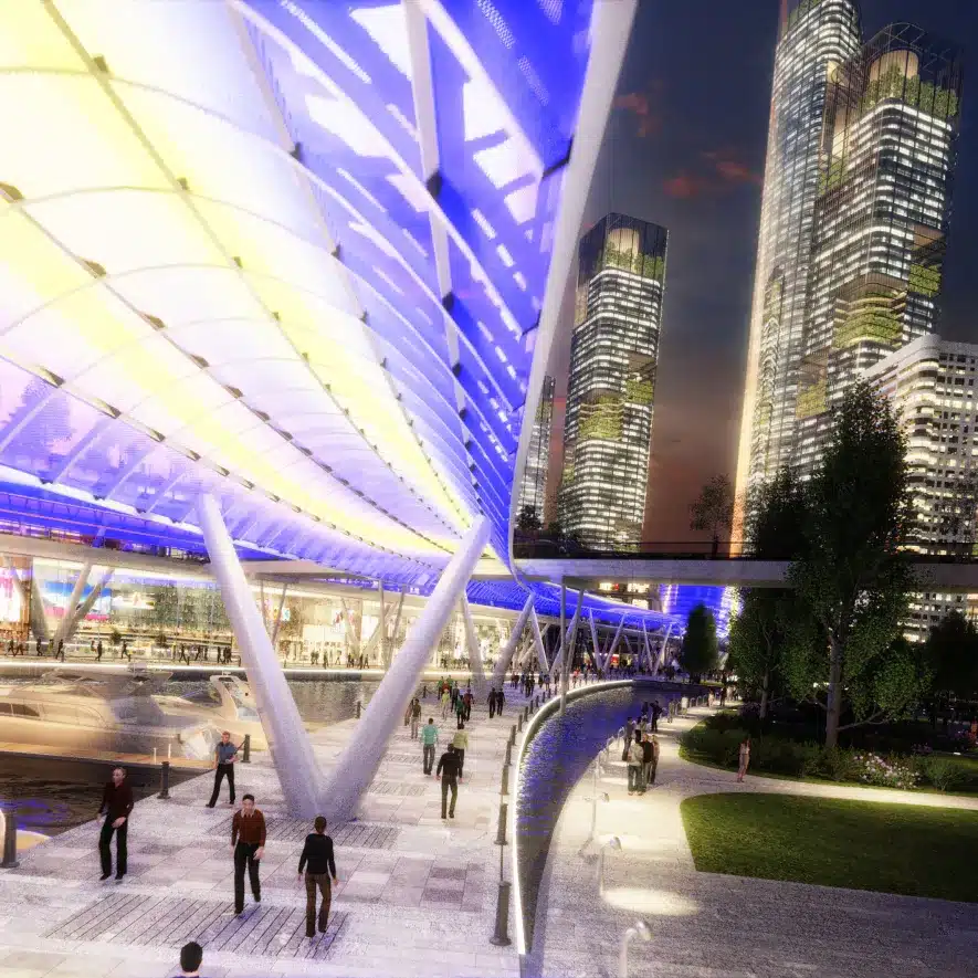 Illuminated urban waterfront with futuristic architecture and vibrant pedestrian spaces