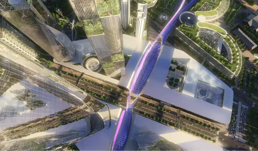Aerial view of an ultra-modern city district with futuristic architecture and glass skyscrapers