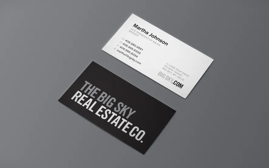 Professional black and white business cards for The Big Sky Real Estate Co