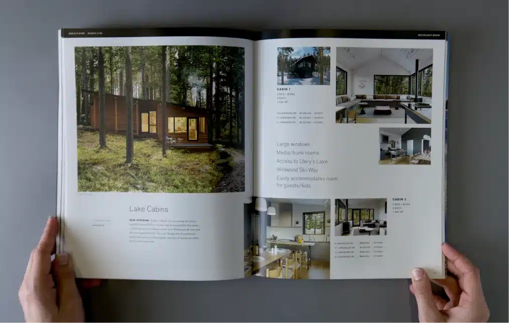 Real estate property catalog showcasing luxury mountain cabins in a tranquil forest setting