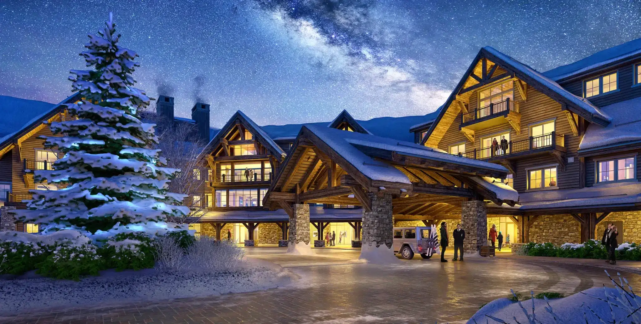 Cozy mountain resort entrance at night with warmly lit wooden lodge and starry sky