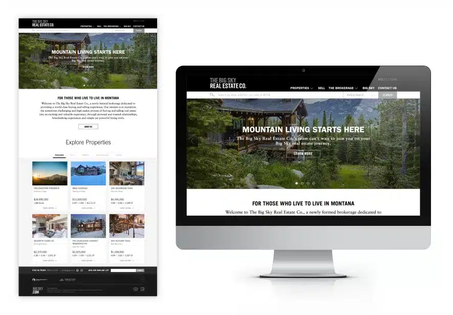 Big Sky Real Estate website homepage displayed on desktop and mobile, showcasing property listings