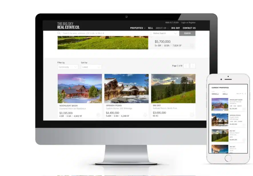 Luxury mountain home listings displayed on The Big Sky Real Estate Co. website