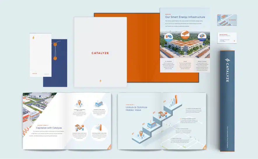 Catalyze branded marketing materials showcasing brochures, business cards, and a corporate folder