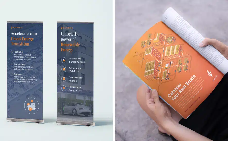 Catalyze clean energy promotional banners and an open magazine ad featuring renewable energy solutions