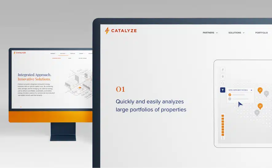 Catalyze website displayed on dual monitors, highlighting its property analysis and energy solutions