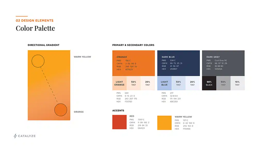 Branding guide displaying Catalyze’s color scheme, accent colors, and design specifications