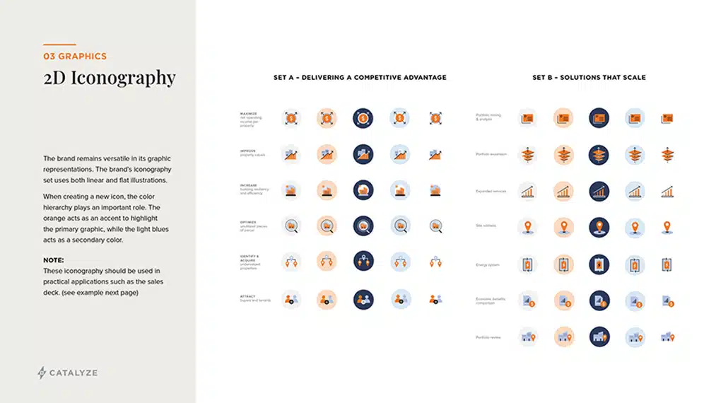Catalyze 2D iconography system showcasing various business and energy-related icons in blue and orange