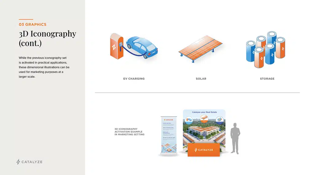Catalyze’s 3D iconography featuring EV charging, solar panels, and energy storage solutions