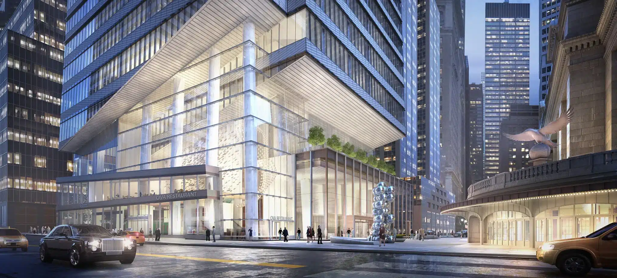 Grand city entrance with a modern glass building, historic architecture, and a vibrant streetscape