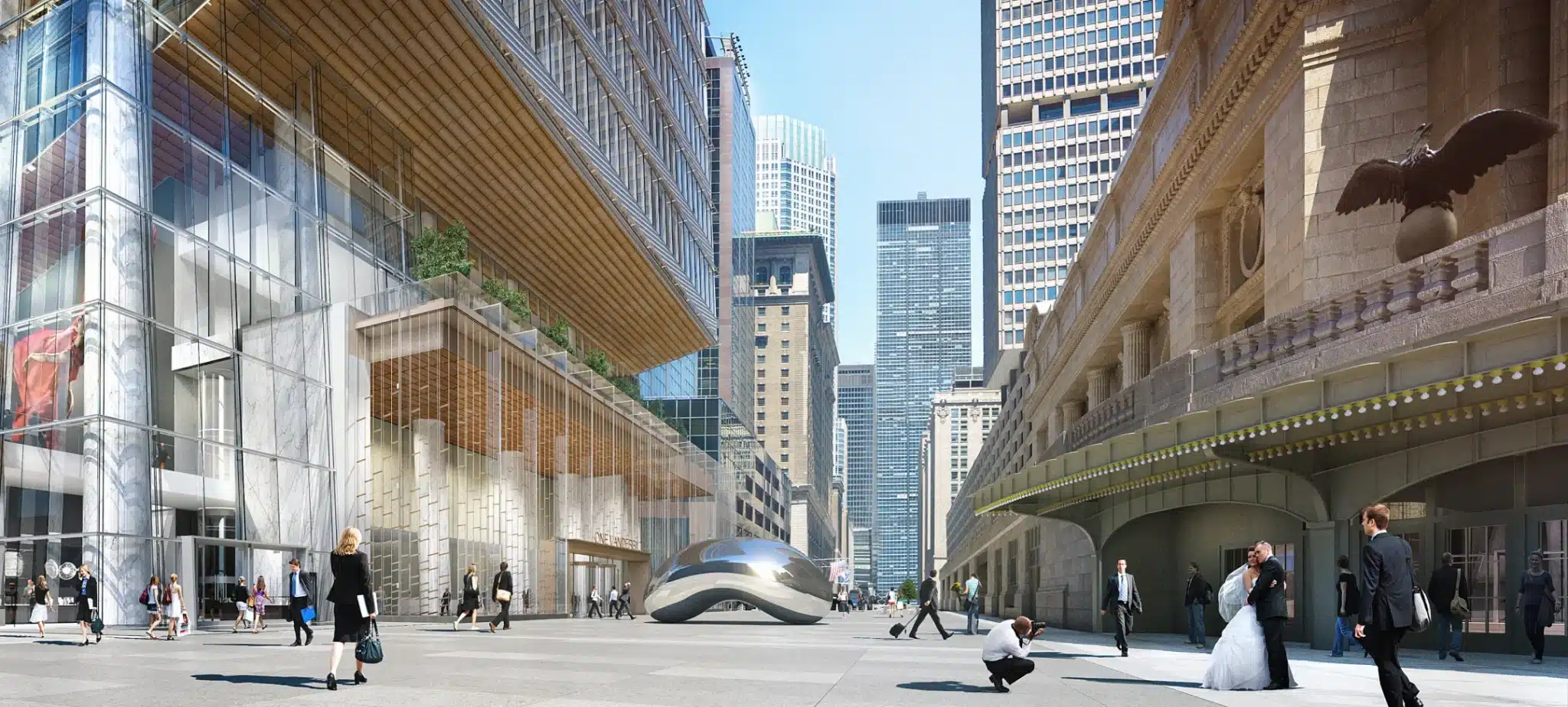 New York’s Grand Central area featuring sleek glass buildings and a contemporary public space