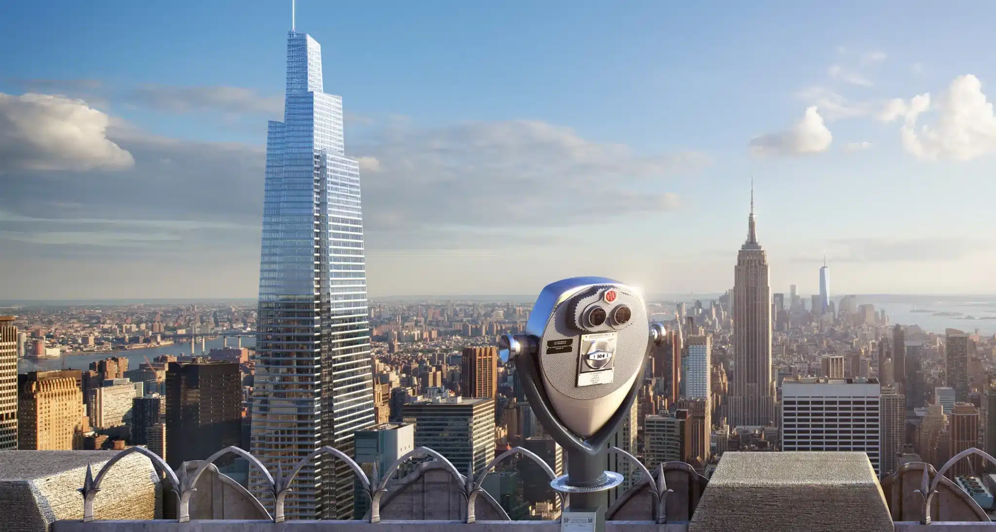 A scenic binocular view capturing famous skyscrapers, including the Empire State Building